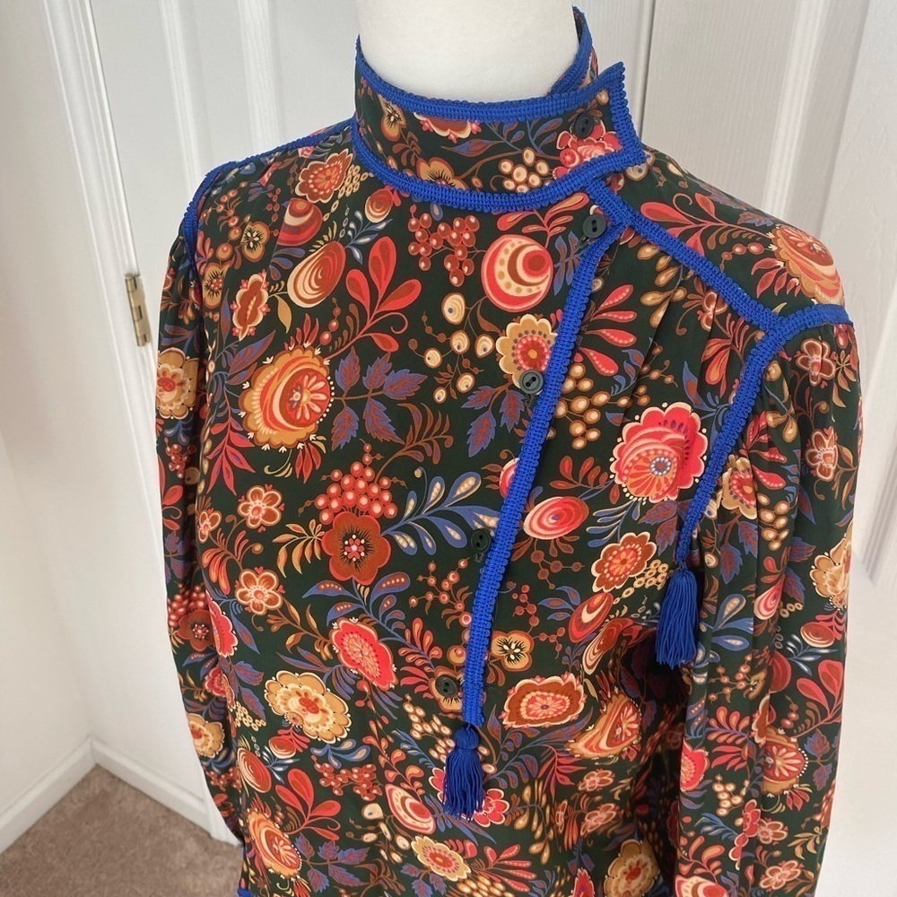 Vintage Silk Floral and Tassel Highneck Blouse - Picture 8 of 11